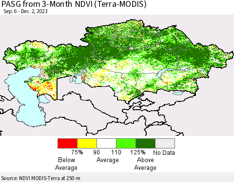Kazakhstan PASG from 3-Month NDVI (Terra-MODIS) Thematic Map For 11/25/2023 - 12/2/2023