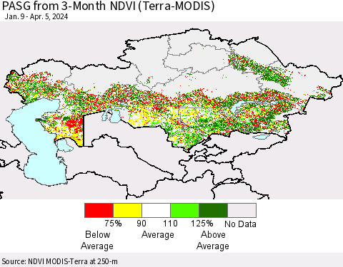 Kazakhstan PASG from 3-Month NDVI (Terra-MODIS) Thematic Map For 3/29/2024 - 4/5/2024