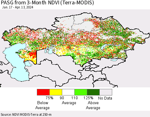 Kazakhstan PASG from 3-Month NDVI (Terra-MODIS) Thematic Map For 4/6/2024 - 4/13/2024