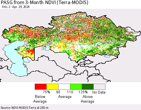 Kazakhstan PASG from 3-Month NDVI (Terra-MODIS) Thematic Map For 4/22/2024 - 4/29/2024