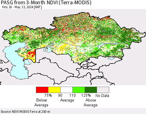 Kazakhstan PASG from 3-Month NDVI (Terra-MODIS) Thematic Map For 5/8/2024 - 5/15/2024