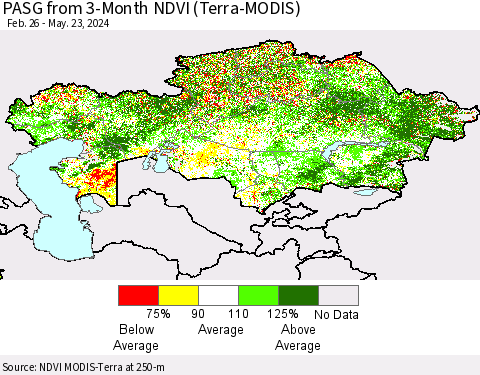 Kazakhstan PASG from 3-Month NDVI (Terra-MODIS) Thematic Map For 5/16/2024 - 5/23/2024