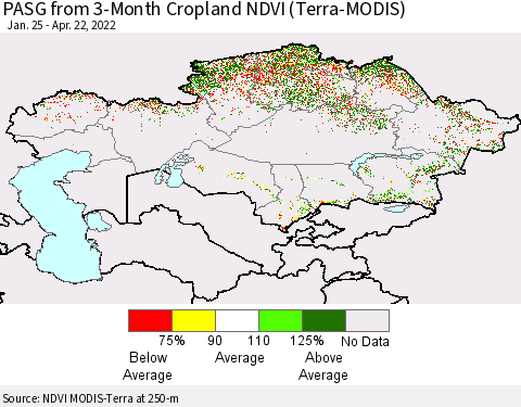 Kazakhstan PASG from 3-Month Cropland NDVI (Terra-MODIS) Thematic Map For 4/15/2022 - 4/22/2022