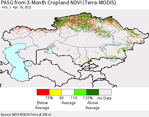 Kazakhstan PASG from 3-Month Cropland NDVI (Terra-MODIS) Thematic Map For 4/23/2022 - 4/30/2022