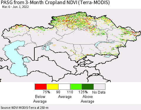 Kazakhstan PASG from 3-Month Cropland NDVI (Terra-MODIS) Thematic Map For 5/25/2022 - 6/1/2022