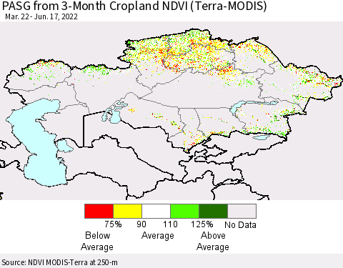 Kazakhstan PASG from 3-Month Cropland NDVI (Terra-MODIS) Thematic Map For 6/10/2022 - 6/17/2022