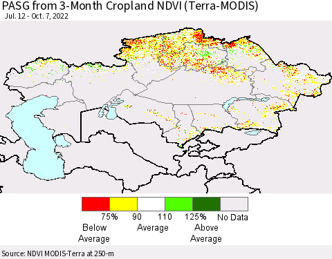Kazakhstan PASG from 3-Month Cropland NDVI (Terra-MODIS) Thematic Map For 9/30/2022 - 10/7/2022