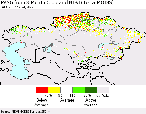 Kazakhstan PASG from 3-Month Cropland NDVI (Terra-MODIS) Thematic Map For 11/17/2022 - 11/24/2022