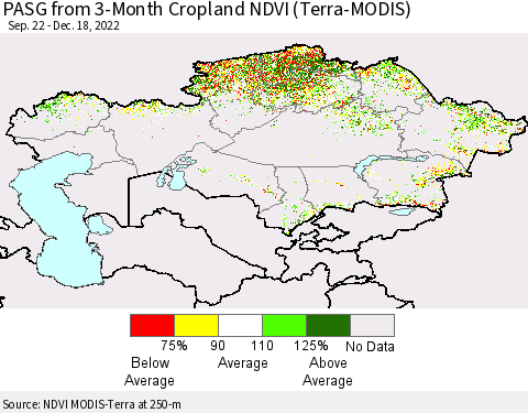 Kazakhstan PASG from 3-Month Cropland NDVI (Terra-MODIS) Thematic Map For 12/11/2022 - 12/18/2022