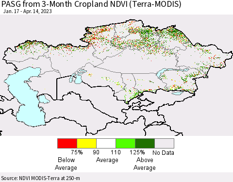 Kazakhstan PASG from 3-Month Cropland NDVI (Terra-MODIS) Thematic Map For 4/7/2023 - 4/14/2023