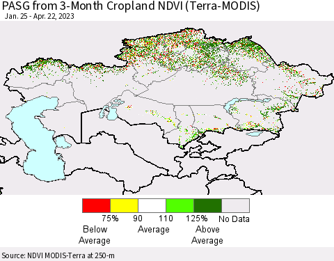 Kazakhstan PASG from 3-Month Cropland NDVI (Terra-MODIS) Thematic Map For 4/15/2023 - 4/22/2023