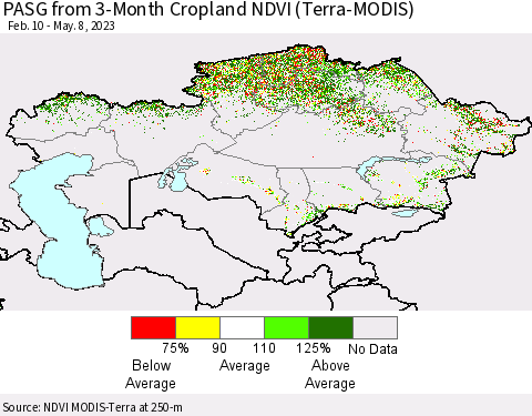 Kazakhstan PASG from 3-Month Cropland NDVI (Terra-MODIS) Thematic Map For 5/1/2023 - 5/8/2023