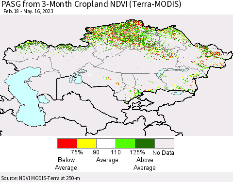 Kazakhstan PASG from 3-Month Cropland NDVI (Terra-MODIS) Thematic Map For 5/9/2023 - 5/16/2023