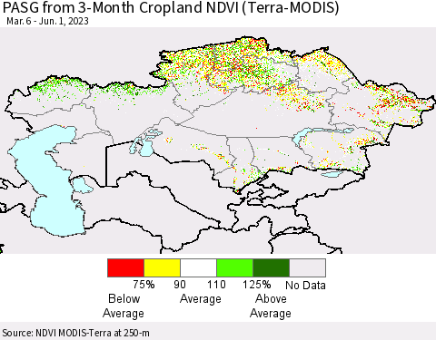 Kazakhstan PASG from 3-Month Cropland NDVI (Terra-MODIS) Thematic Map For 5/25/2023 - 6/1/2023