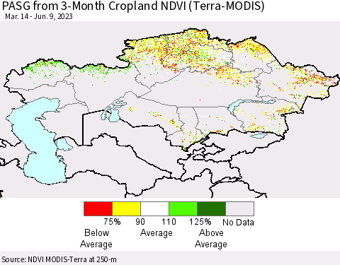 Kazakhstan PASG from 3-Month Cropland NDVI (Terra-MODIS) Thematic Map For 6/2/2023 - 6/9/2023