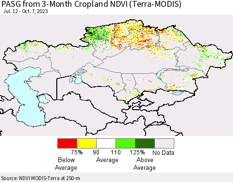 Kazakhstan PASG from 3-Month Cropland NDVI (Terra-MODIS) Thematic Map For 9/30/2023 - 10/7/2023