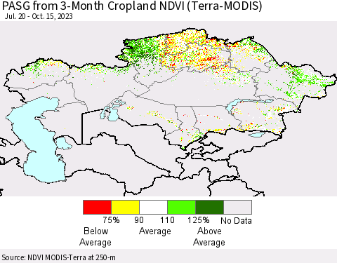 Kazakhstan PASG from 3-Month Cropland NDVI (Terra-MODIS) Thematic Map For 10/8/2023 - 10/15/2023