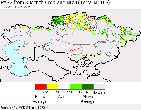 Kazakhstan PASG from 3-Month Cropland NDVI (Terra-MODIS) Thematic Map For 10/16/2023 - 10/23/2023