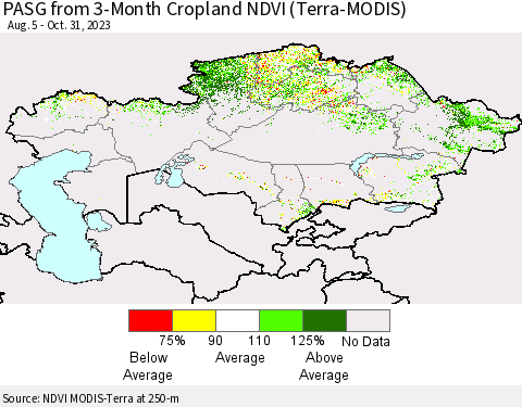 Kazakhstan PASG from 3-Month Cropland NDVI (Terra-MODIS) Thematic Map For 10/24/2023 - 10/31/2023