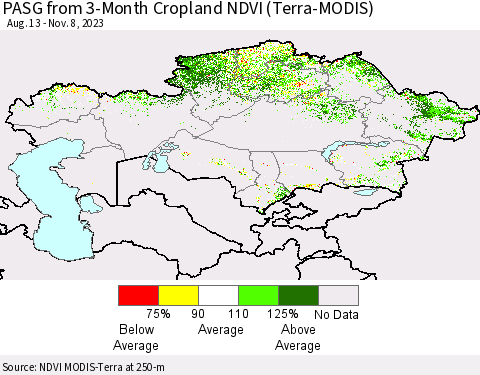 Kazakhstan PASG from 3-Month Cropland NDVI (Terra-MODIS) Thematic Map For 11/1/2023 - 11/8/2023