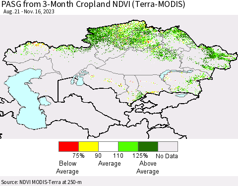 Kazakhstan PASG from 3-Month Cropland NDVI (Terra-MODIS) Thematic Map For 11/9/2023 - 11/16/2023