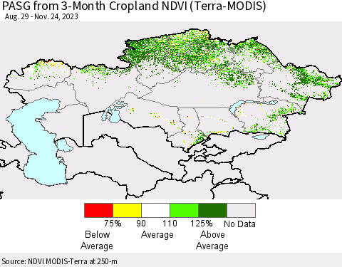 Kazakhstan PASG from 3-Month Cropland NDVI (Terra-MODIS) Thematic Map For 11/17/2023 - 11/24/2023