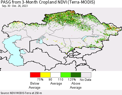 Kazakhstan PASG from 3-Month Cropland NDVI (Terra-MODIS) Thematic Map For 12/19/2023 - 12/26/2023
