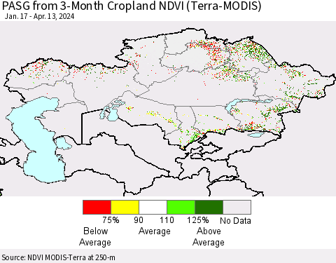 Kazakhstan PASG from 3-Month Cropland NDVI (Terra-MODIS) Thematic Map For 4/6/2024 - 4/13/2024
