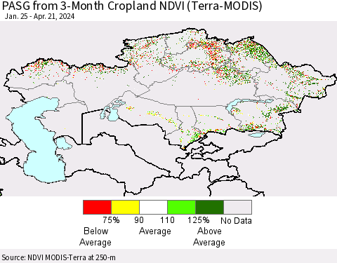Kazakhstan PASG from 3-Month Cropland NDVI (Terra-MODIS) Thematic Map For 4/14/2024 - 4/21/2024
