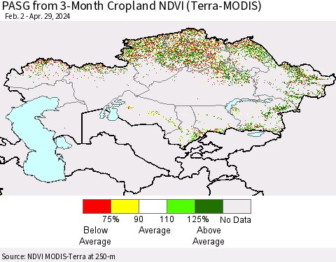 Kazakhstan PASG from 3-Month Cropland NDVI (Terra-MODIS) Thematic Map For 4/22/2024 - 4/29/2024