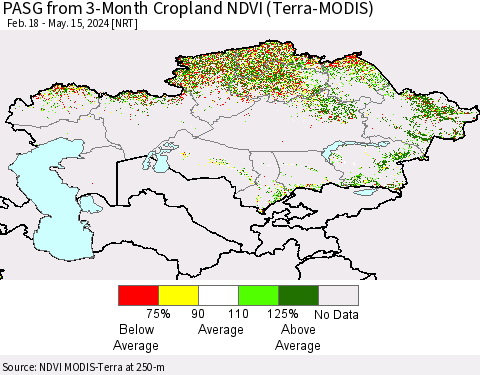 Kazakhstan PASG from 3-Month Cropland NDVI (Terra-MODIS) Thematic Map For 5/8/2024 - 5/15/2024