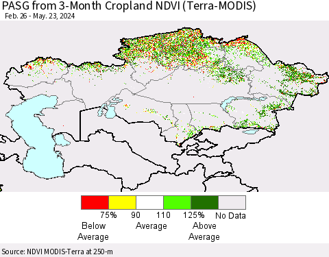 Kazakhstan PASG from 3-Month Cropland NDVI (Terra-MODIS) Thematic Map For 5/16/2024 - 5/23/2024
