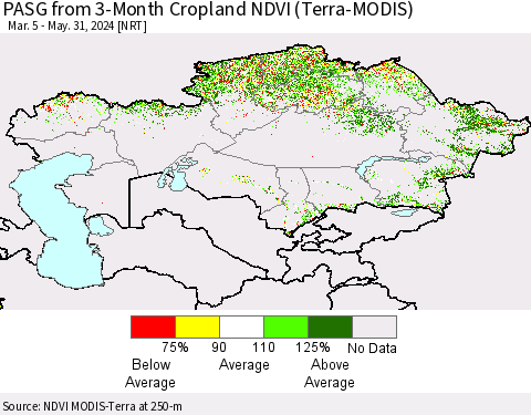 Kazakhstan PASG from 3-Month Cropland NDVI (Terra-MODIS) Thematic Map For 5/24/2024 - 5/31/2024