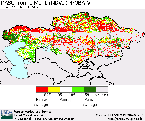 Kazakhstan PASG from 1-Month NDVI (PROBA-V) Thematic Map For 1/1/2020 - 1/10/2020