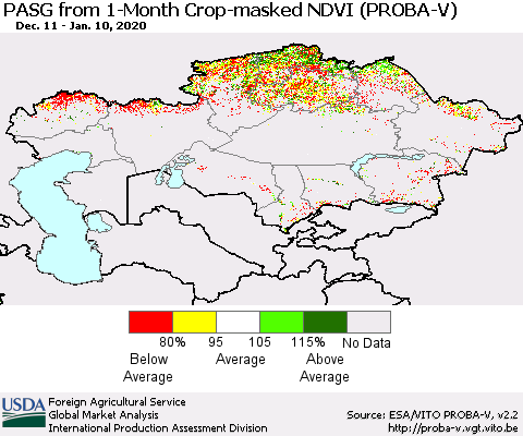 Kazakhstan PASG from 1-Month Crop-masked NDVI (PROBA-V) Thematic Map For 1/1/2020 - 1/10/2020