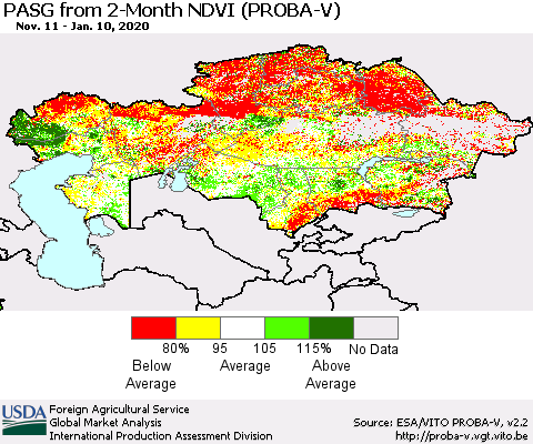 Kazakhstan PASG from 2-Month NDVI (PROBA-V) Thematic Map For 1/1/2020 - 1/10/2020