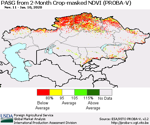 Kazakhstan PASG from 2-Month Crop-masked NDVI (PROBA-V) Thematic Map For 1/1/2020 - 1/10/2020