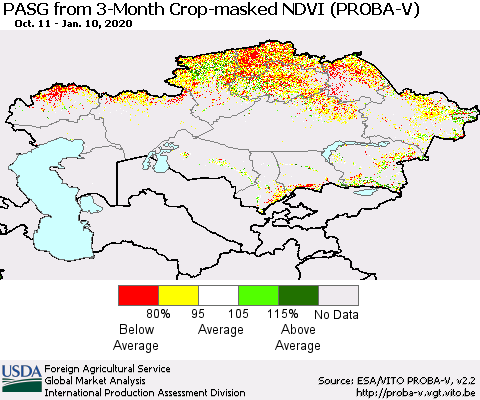 Kazakhstan PASG from 3-Month Crop-masked NDVI (PROBA-V) Thematic Map For 1/1/2020 - 1/10/2020