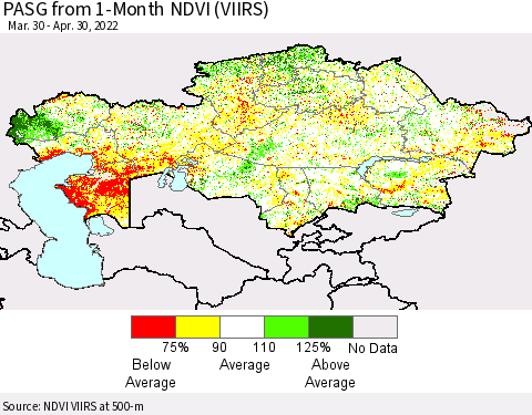 Kazakhstan PASG from 1-Month NDVI (VIIRS) Thematic Map For 4/23/2022 - 4/30/2022