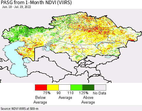 Kazakhstan PASG from 1-Month NDVI (VIIRS) Thematic Map For 7/12/2022 - 7/19/2022