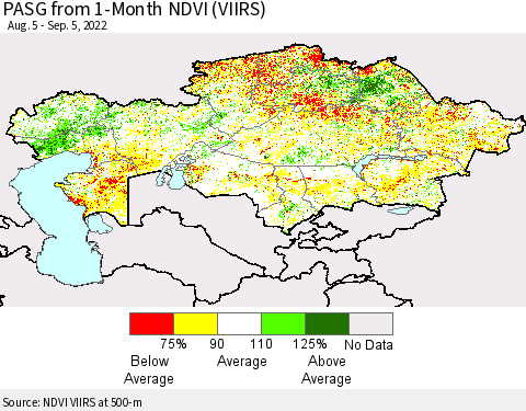 Kazakhstan PASG from 1-Month NDVI (VIIRS) Thematic Map For 8/29/2022 - 9/5/2022
