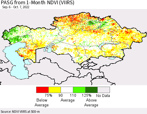 Kazakhstan PASG from 1-Month NDVI (VIIRS) Thematic Map For 9/30/2022 - 10/7/2022