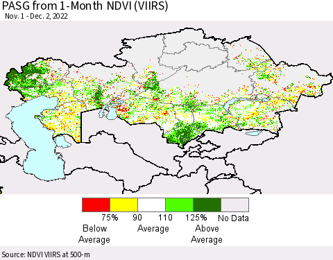 Kazakhstan PASG from 1-Month NDVI (VIIRS) Thematic Map For 11/25/2022 - 12/2/2022