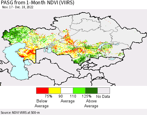 Kazakhstan PASG from 1-Month NDVI (VIIRS) Thematic Map For 12/11/2022 - 12/18/2022