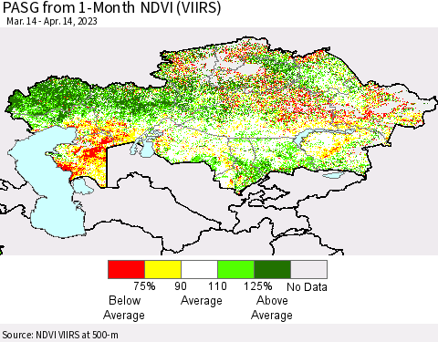 Kazakhstan PASG from 1-Month NDVI (VIIRS) Thematic Map For 4/7/2023 - 4/14/2023