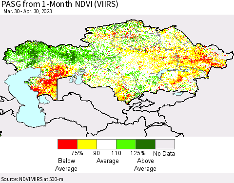 Kazakhstan PASG from 1-Month NDVI (VIIRS) Thematic Map For 4/23/2023 - 4/30/2023