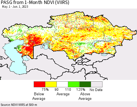 Kazakhstan PASG from 1-Month NDVI (VIIRS) Thematic Map For 5/25/2023 - 6/1/2023