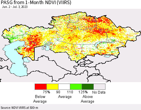 Kazakhstan PASG from 1-Month NDVI (VIIRS) Thematic Map For 6/26/2023 - 7/3/2023