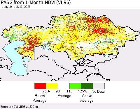 Kazakhstan PASG from 1-Month NDVI (VIIRS) Thematic Map For 7/4/2023 - 7/11/2023