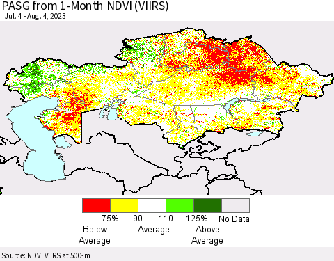 Kazakhstan PASG from 1-Month NDVI (VIIRS) Thematic Map For 7/28/2023 - 8/4/2023